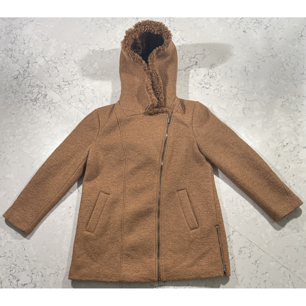 Kenneth Cole Teddy Faux Fur Hooded Jacket Womens XL Brown Asymmetrical Full Zip